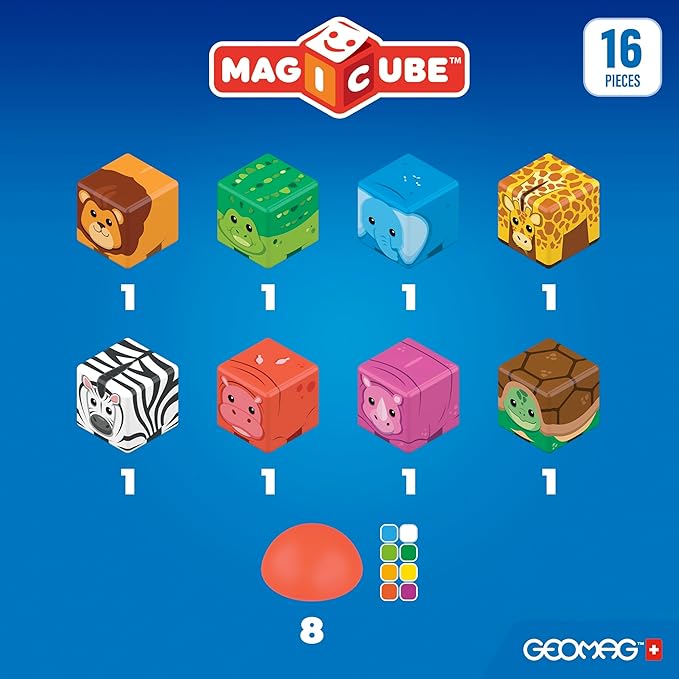 Geomag Magicube Magnetic Blocks, 16 Large Magnetic Cubes Safari Animals STEM Toy, Sensory Toys for Toddlers 1-3, Building Blocks for Kids, Fun Toddler Toys 1-2 yrs