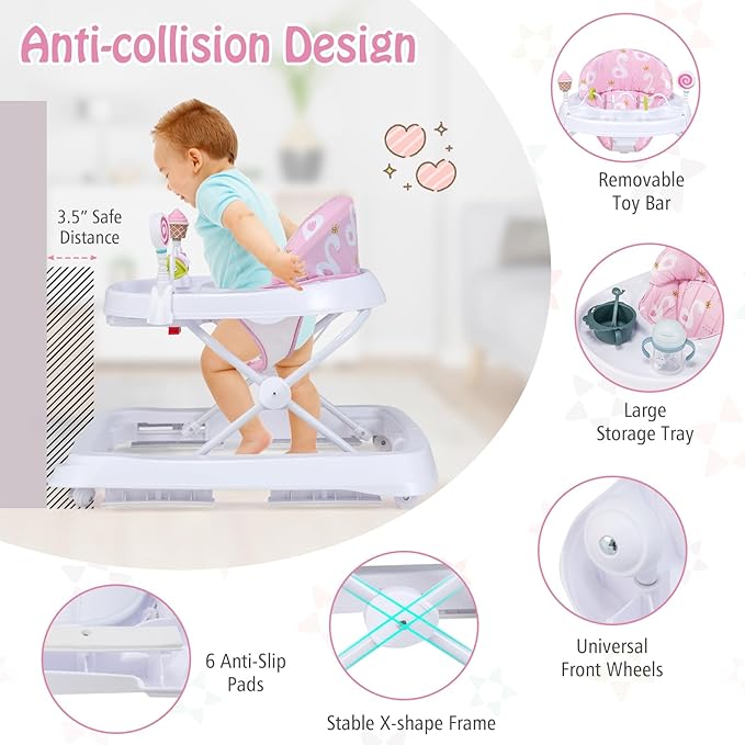 HONEY JOY Baby Walker, Foldable Toddler Push Walker with Toys, Adjustable Height, High Back Padded Seat, Infant Activity Walker with Wheels for Boys and Girls (Pink)