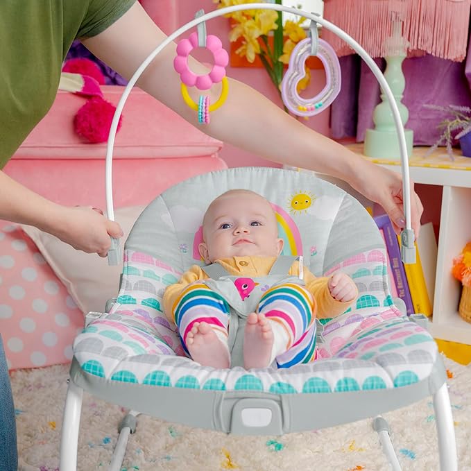 Bright Starts Rosy Rainbow Infant to Toddler Rocker with Vibrations, Baby Seat for Girl or Boy, Newborn +