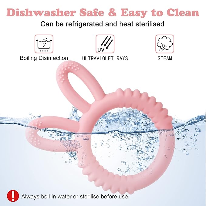 MISSLILI Silicone Babies Teethers Baby Teething Toys for Soothe Massage Sore Gums for 3-12 Months Infants, BPA Free, Easter Gifts for Boys and Girls, Ring Shape Rabbit Ear Design (Pink)