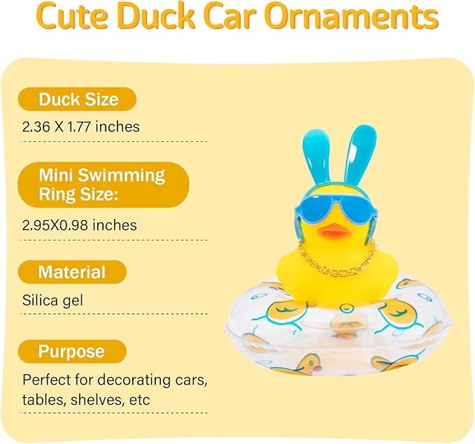 wonuu Car Duck Rubber Duck Car Ornaments Duck Car Dashboard Decorations with Cute Headband Swim Ring Necklace Sunglasses, B-Blue Long Rabbit Ear Headband