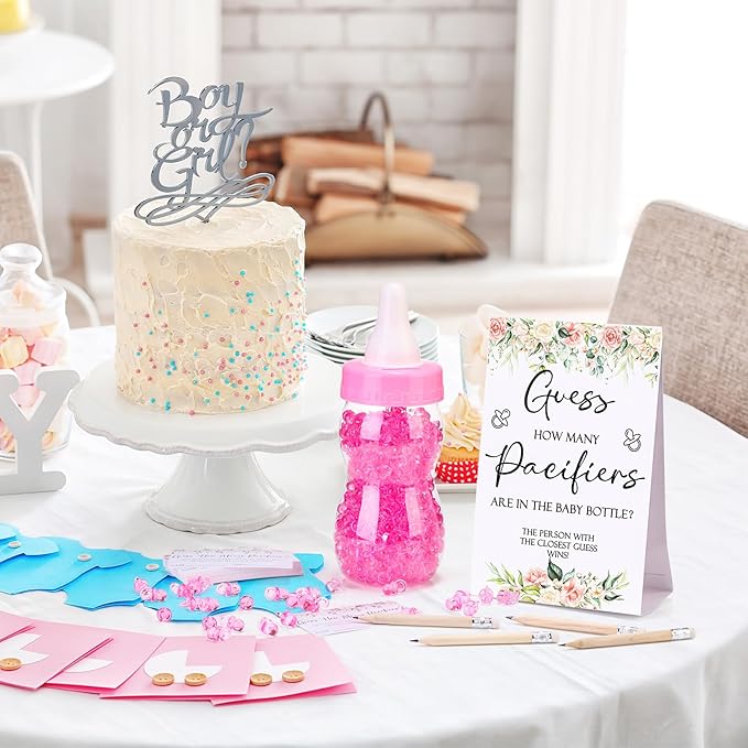 Roowest 512 Pcs Baby Shower Games Guess How Many Pacifiers Sign 100 Small Guessing Games 10 HB Pencils 750ml Milk Bottle 400 Acrylic Pacifiers Decoration for Guest Gender Reveal(Pink,Flower)