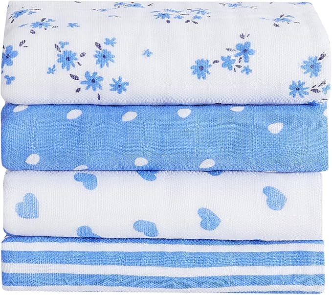 lasoftan Baby Muslin Burp Cloths, 100% Cotton Burping Cloths Super Absorbent Soft, Bath Towel Burp Cloths for Baby Girl Boy, Great Gift for Newborn, 10 x 20 inch, 4 Pack (Heart & Flowers)