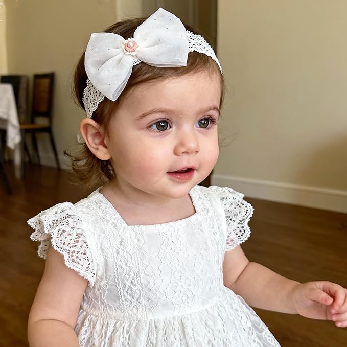 Baby Girls Headband White Bow Lace Headbands Soft Elastic Bowknot Hairbands Cute Hair Accessory for Newborn Kids Infant Toddler Baptism Birthday Party (Pink Flowers)