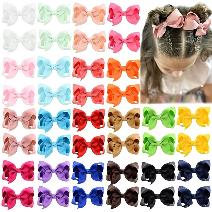 40PCS 3Inch Hair Bows for Girls Grosgrain Ribbon Toddler Hair Accessories with Alligator Clips for Toddlers Baby Girls Kids Teens in Pairs