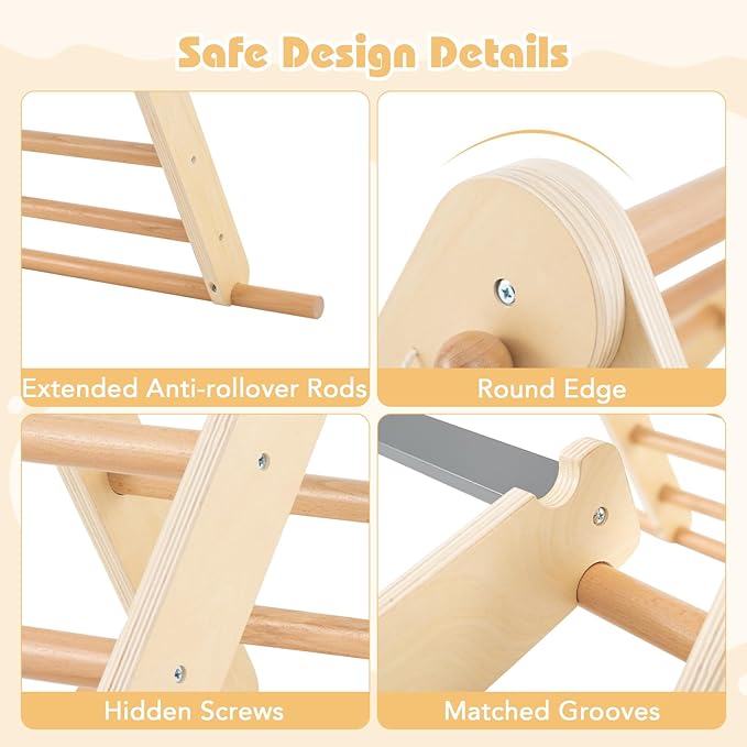 Olakids Pikler Triangle Set 7 in 1 Climbing Toys for Toddlers Foldable Baby Wood Montessori Jungle Gym with Angle Adjustable Ladder Seesaw Ramp Indoor Playground (Wood)