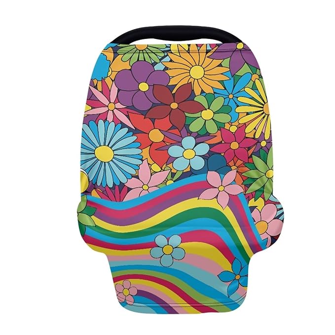 Hippie Flower Baby Car Seat Cover Dust Cover Breathable Durable Infant Stroller Cover Multi-Use Car Seat Canopy Cover for Kids Sun-Proof Breastfeeding Shawl