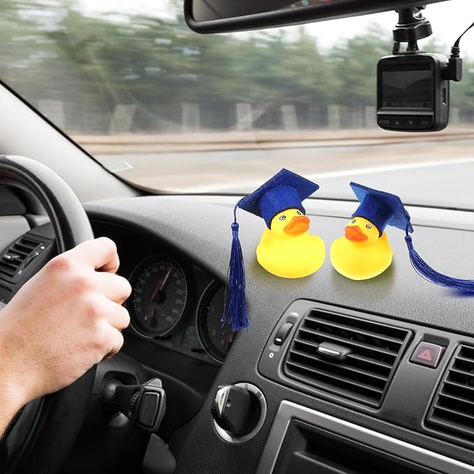 Lenwen 24 Pcs Graduation Rubber Ducks with Grad Cap Mini Rubber Duckies Gifts Bulk for Graduation Party Favors Decoration(Blue Grad Hat)