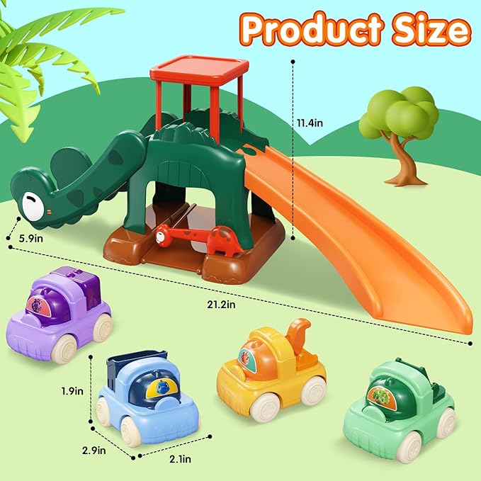 Toddler Toys for 1 2 Year Old Boys Educational Dinosaur Slide Toys with 4 Push Car Toys for Baby 12-18 Months,First Birthday Easter Gifts for Kids,Montessori Learning Race Car Track Ages 1-2 (Green)