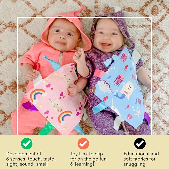 Baby Jack & Co 8x8 Unicorn Lovey Tag Toys for Babies with Crinkle Sensory Development - Soft & Safe Soother for Learning Shapes & Colors - BPA Free with Stroller Clip