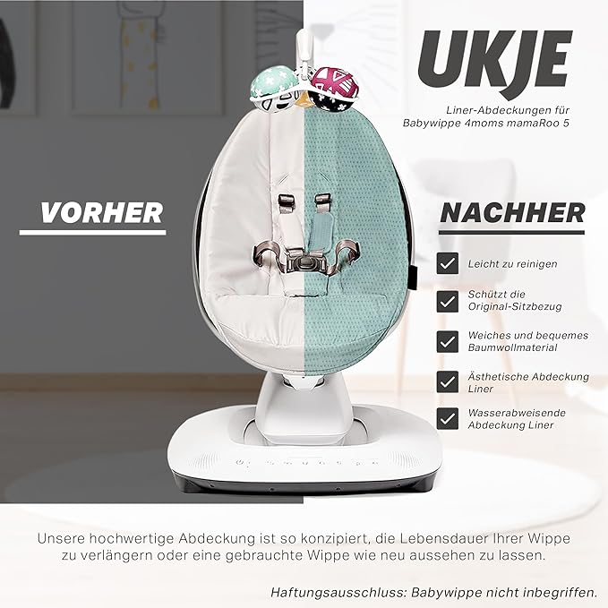 Ukje Protective Swing Cover Compatible with 4moms or MamaRoo 5, Multi-Motion Baby Swing, Baby Swing Liners, Baby Rocker Cover, Easy to Install, Easy to Wash, Handmade in Europe, Jade