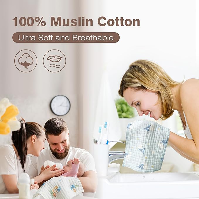 6-Pack Baby Washcloths & Long Towels, 100% Cotton Muslin Face Towels for Baby & Mom, Ultra-Soft Newborn Essentials with Gift Box, for Boys & Girls (Fantasy Prince & Dragon)