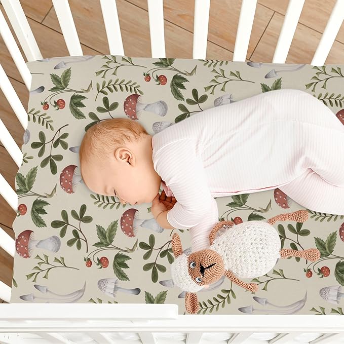 Fitted Crib Sheets Mushrooms Fall Leaves Stretchy Portable Playard Sheets for Baby Toddler, Breathable Soft Mini Crib Mattress 39 x 27 in for Boys and Girls