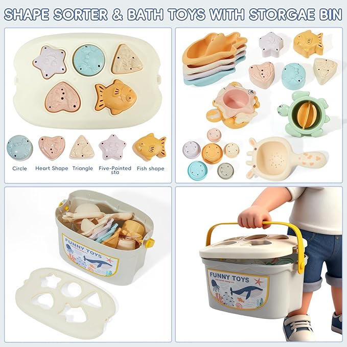 Baby Bath Toys, 21PCS Mold Free Bath Toys for Kids Ages 1-3 with Montessori Shape Sorter and Educational Stacking Cups for Babies 6-12 Months, Tub Water Pool Beach Toy for Toddler 1-3 with Storage Bin