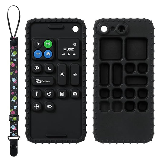 Aolso Silicone Baby Teething Toys, Cell Phone Teether Toys with Pacifier Clip, Baby Teething Toys for 0-12 Months, Baby Phone Chew Toys BPA Free/Freezable/Dishwasher and Refrigerator Safe(Black)