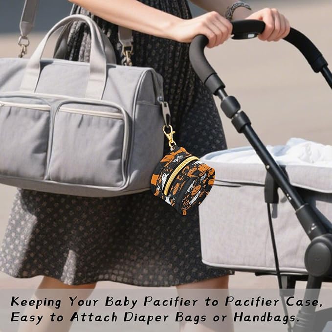 Pacifier Holder with Clip Pacifier Case for Diaper Bag Round Baby Pacifier Pouch Box Bag Portable Gothic Funny Halloween Ghost and Pumpkins