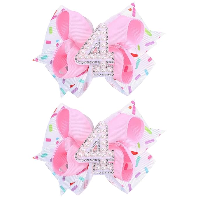 2PCS Hair Bows for Baby Girls Birthday - 4th Birthday Hair Bow Sweet Theme with Ice Cream Party, Pink Hair Accessories for Baby Toddler 1 2 3 4 5 6 Years, Outfit & Decorations