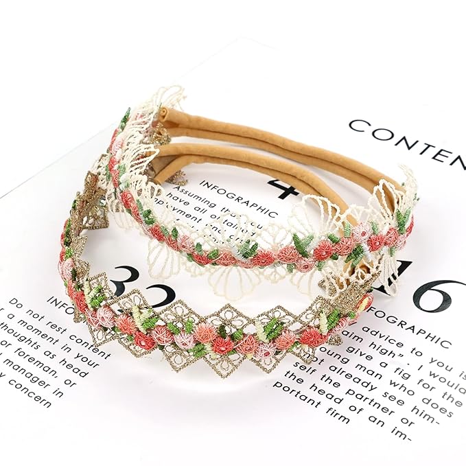 Dizila 6 Pieces Super Soft Stretchy Beige Dusty Pink White Baby Girl Flower Nylon Headbands Lace Floral Bow Headbands Hair Accessories for Newborns Infants Toddlers Girls Kids