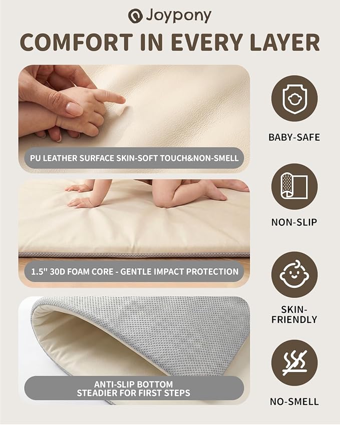 Joypony Baby Play Mat for Floor 47x47, 1.5” Thick Vegan Leather Crawling Mat with Removable Cover, Waterproof Playpen Mat for Infants and Toddlers, Wipe-Clean Kids Playmat, Cream