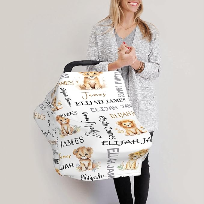 Personalized Baby Car Seat Covers for Babies, Custom Lion Nursing Breastfeeding Carseat Canopy with Name, Infant Stroller Covers for Newborn Girls Boys, Breathable Carseat Cover