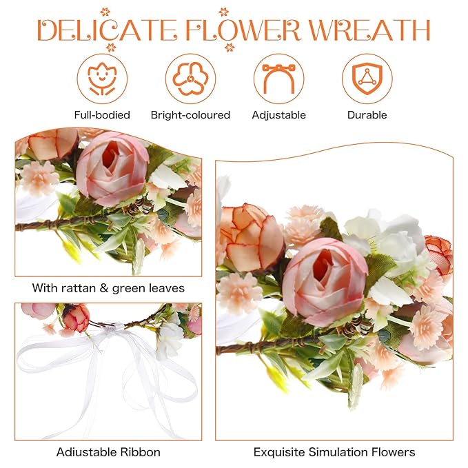 Girls Flower Crown Headpiece - Boho Little Wreaths for Weddings, Family Photography (Pink)