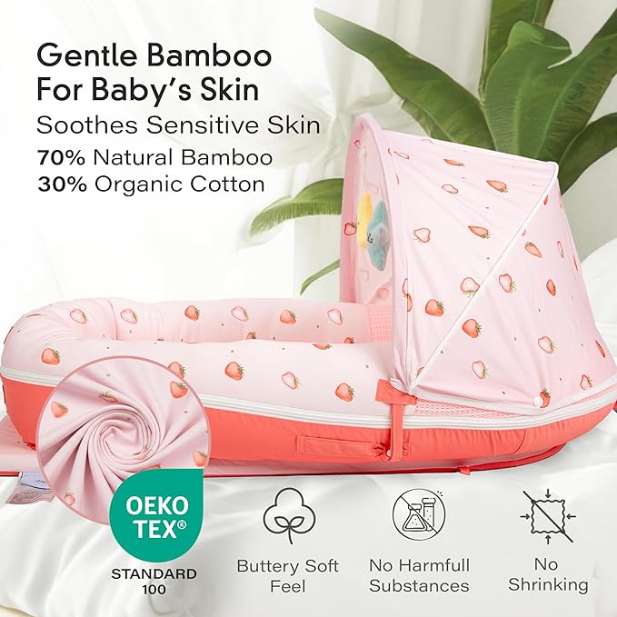 JollyBoo® Deluxe Infant Lounger Pillow - Baby Lounger 0-24 Months | Bamboo-Cotton Portable Baby Nest with Foldable Sunshade & 2 Plush Toys | Soft, Breathable Mesh for Cool, Safe Rest (Strawberry)