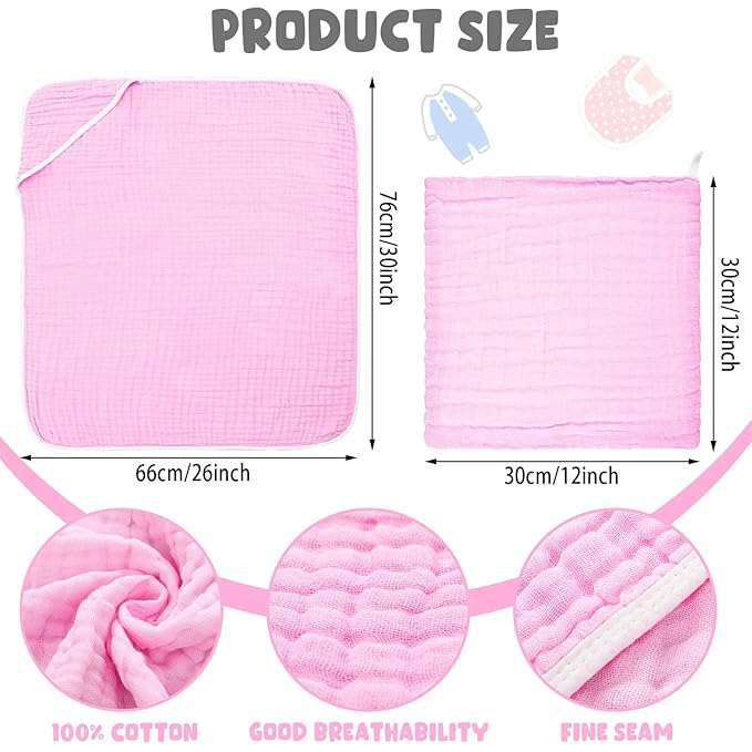 Peryiter 8 Pack Baby Bath Towels and Wash Cloth Set Muslin Hooded Soft 100% Cotton Baby Hooded Bath Towel Absorbent Towels Cloths for Babies, Infant, Toddler and Kids Newborn(Pink Series)