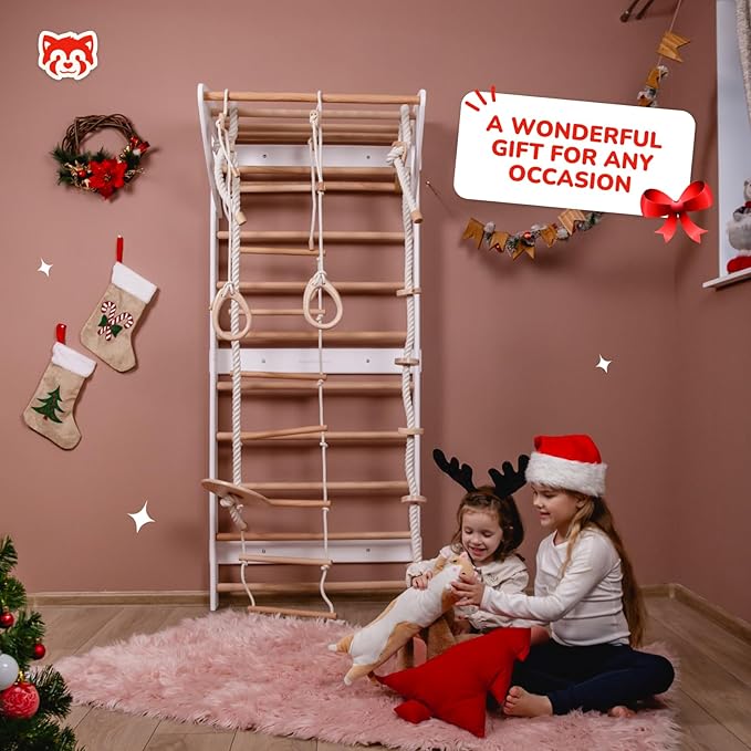Wood And Hearts Swedish Ladder for Kids with Rope Accessories - Indoor Jungle Gym, Indoor Jungle Gym for Kids Ages 3-16, Indoor Climbing Gym (Swedish Ladder of 2 Parts (White))