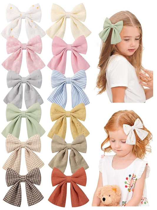 12PCS Baby Girls Hair Clips Fable Hair Bows Cotton Linen Bows for Girls Hair Accessories for Baby Toddlers Kids Light Color