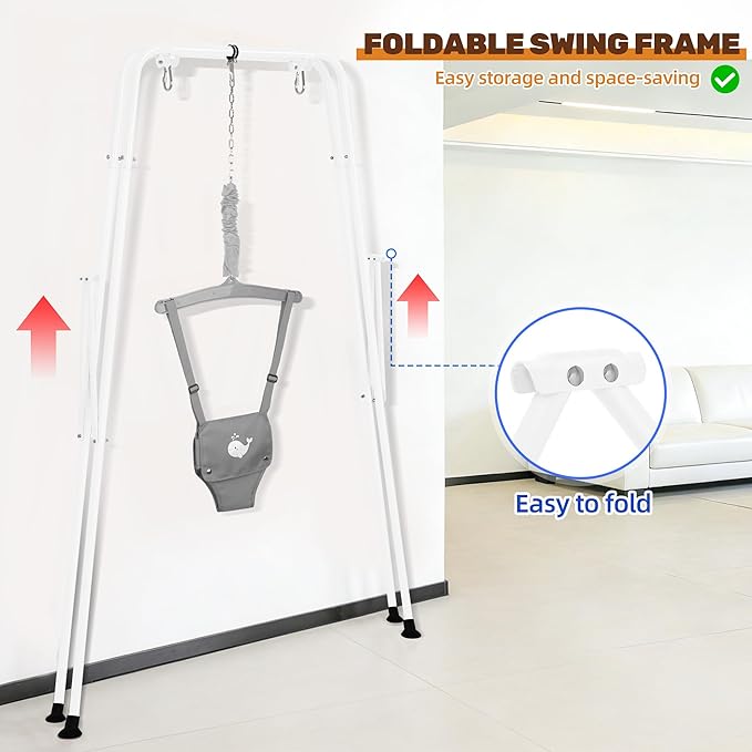 Baby Jumper with Stand, Foldable Activity Jumper for Infants, Height Adjustable Baby Bouncer No Doorway Needed Toddler Jumper, Portable Indoor Outdoor Baby Activity Center for 6-12 Months (Gray)