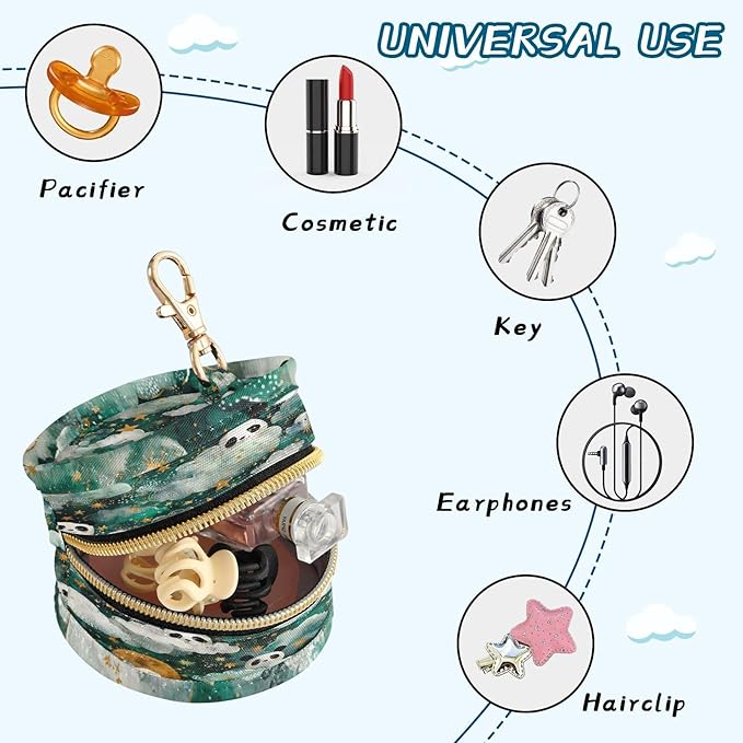 Pacifier Holder with Clip Pacifier Case for Diaper Bag Round Baby Pacifier Pouch Box Bag Portable Green Clouds Pandas Stars Sun
