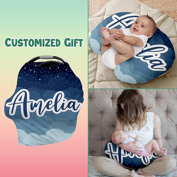 Custom Name Car Seat Canopy - Baby Car Seat Covers, Infant Stroller Cover, Haze Blue Star Carseat Canopy Christmas Birthday Gifts for Girls and Boys