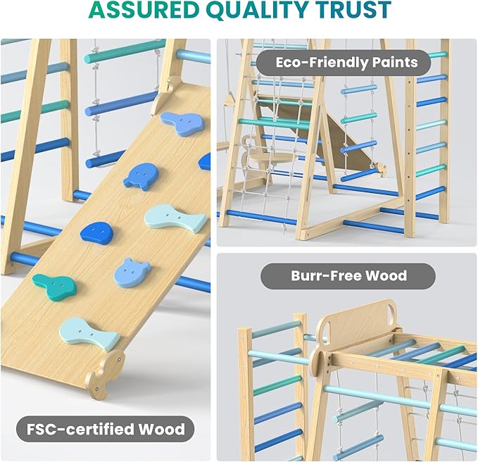 BlueWood Upgraded Indoor Jungle Gym 9-in-1 Playground Kids Climbing Toys, Waldorf Style Wooden Climber Playset with Slide, Swing, Monkey Bars, Upright/Rope Ladder, Climb Net, Blue