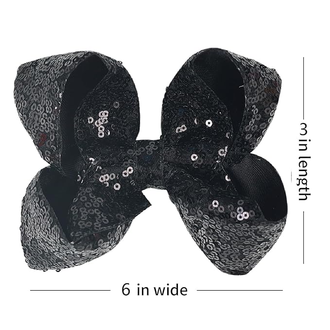 6 Inch Black Sparkly Glitter Sequin Hair Bows for Girls Toddlers Kids Children Teenage (2PCS)