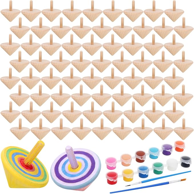 DoubleFill 72pcs DIY Wooden Spinning Tops Craft Kit Watercolor Paints Unfinished Wood Gyroscopes for Kids Educational Kindergarten Toys Spin Tops for Birthday Gifts, Family Games Party Favors