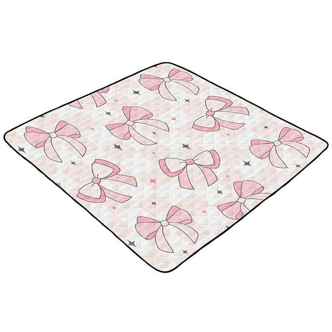Baby Play Mat Pink Bows on Checkerboard 50 x 50 Playpen Mat for Floor Play Gym Crawling Non-Slip Cushioned Baby Playmat for Infants, Babies, Toddlers
