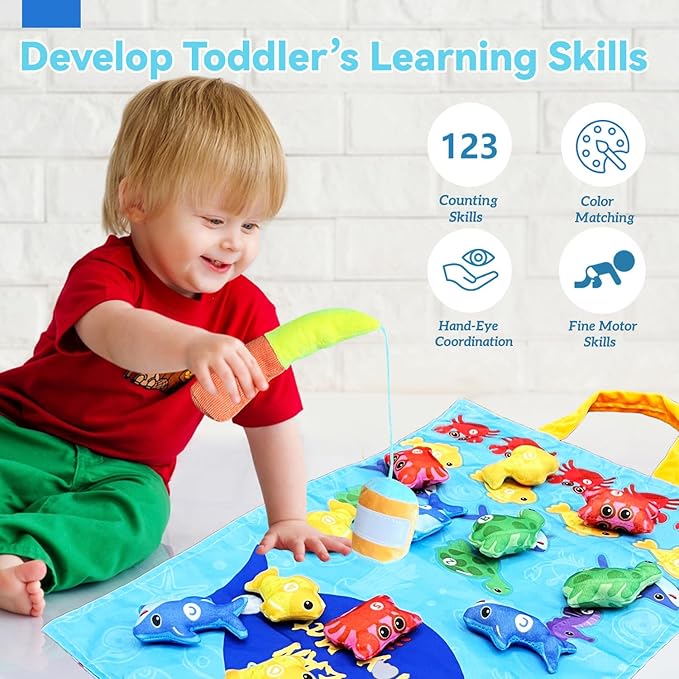 Count Learning Montessori Toys for Toddlers 3 Year Old Cloth Toddler Fishing Game with Stacking Cups,Baby Toy 12-18 Months 1 2 Year Old Boy Girl Gifts (Ocean Animal)
