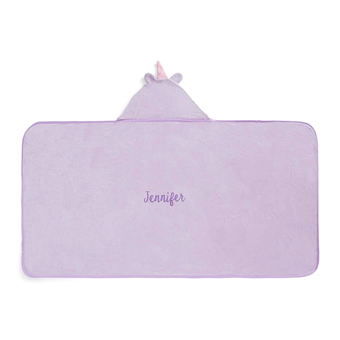 Delta Children Personalized Kids Hooded Bath Towel with Pockets - Super Soft and Absorbent- Great Gift for Boys and Girls, Light Purple Unicorn