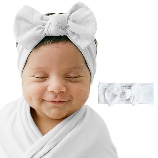 Caden Lane Baby Headwrap with Knotted Bow, Soft & Stretchy Bamboo Viscose, Comfortable Infant Hairband for Newborn & Toddler Girls, Ideal Gift for Baby Shower & Milestone Celebration, Lace White