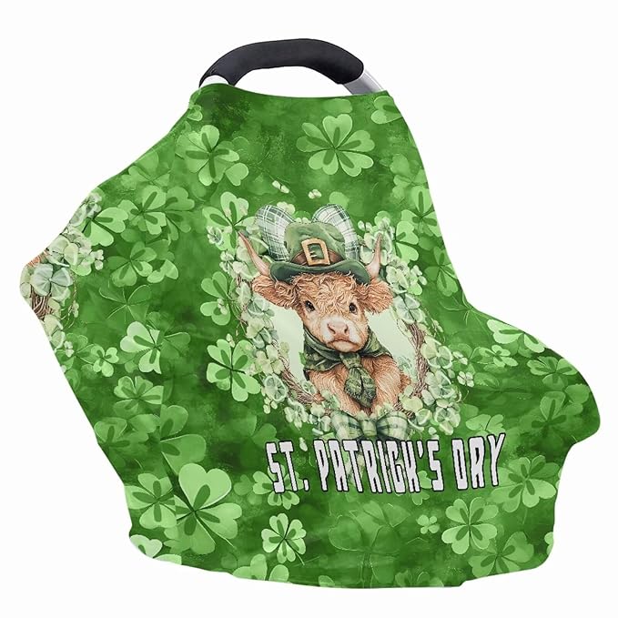 Wanyint Baby Car Seat Cover Cute Carseat Canopy for Babies Boys Girls Multi-Use Nursing Breastfeeding Covers Nursing Scarf for Saint Patrick's Day Decor, Highland Cow Clover Retro