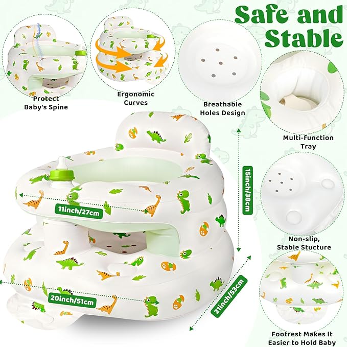 Inflatable Baby Seat for 3-36 Months, Baby Seats for Infants for Sitting Up with Back Support Built in Air Pump, Surround Sit Me Up Floor Seat for Baby Chair for Learning Sit, Feeding (Dinosaur)