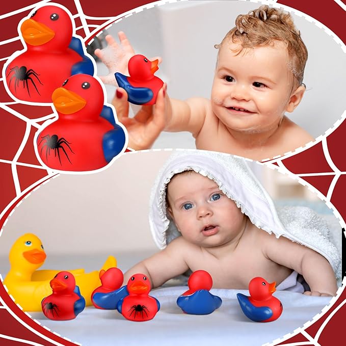 Leyndo 24 Pcs Spider Rubber Duck Bulk Spider Birthday Party Decoration Favors Squeaky Red Blue Duck for Bathtub Floating Pool Gifts Party Supplies