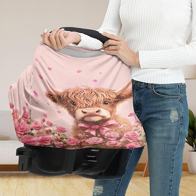 Wanyint Car Seat Covers for Babies Girls Boys, Stretchy Carseat Canopy Soft Baby Breastfeeding Nursing Scarf Infant Stroller Cover for Valentine's Day, Highland Cow Rose Pink