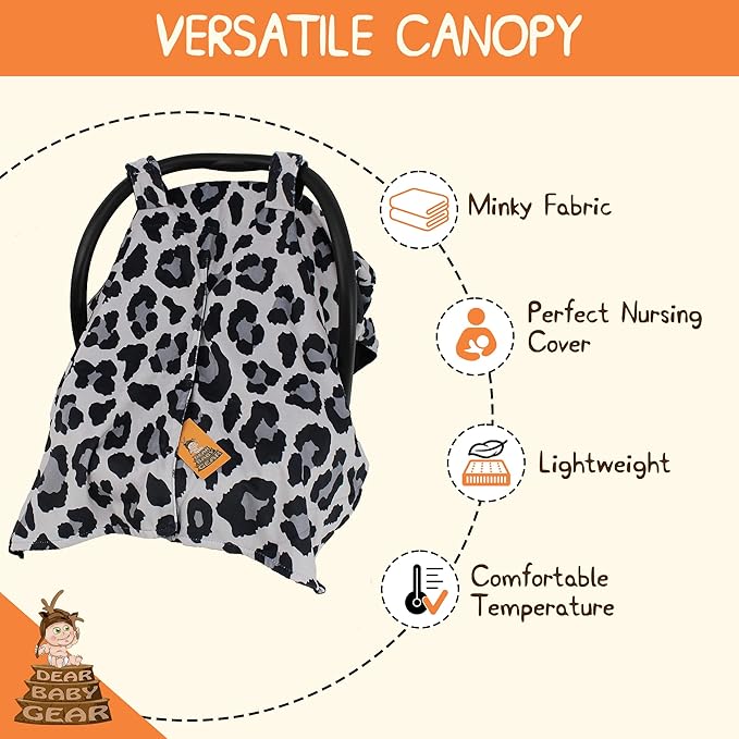 Dear Baby Gear Car Seat Cover for Boys & Girls - Baby Carseat Canopy w/Snap Opening - Infant Seat Cover - Stroller & Nursing Covers - Newborn Carrier Canopy- 40x30" (Gray Leopard Print, Smooth Black)