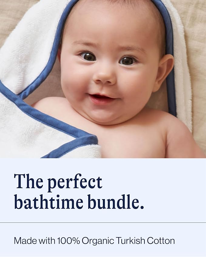 Lalo The Hooded Towel & Washcloth Set, 100% Organic Cotton, Soft on Sensitive Skin, Durable & Absorbent, Machine Washable, Includes One Baby Towel and Two Washcloths - Blueberry
