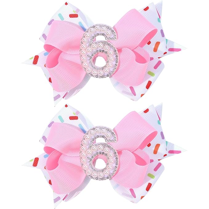 2PCS Hair Bows for Baby Girls Birthday - 6th Birthday Hair Bow Sweet Theme with Ice Cream Party, Pink Hair Accessories for Baby Toddler 1 2 3 4 5 6 Years, Outfit & Decorations