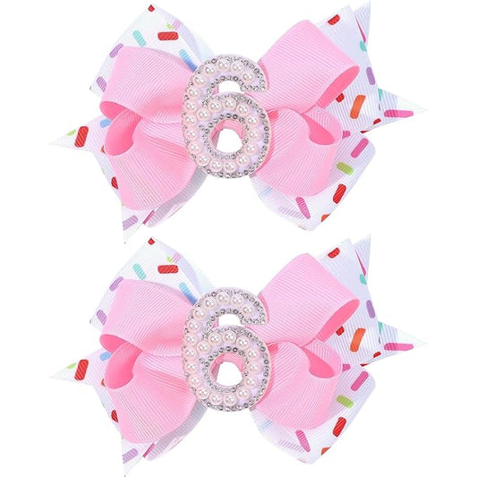 2PCS Hair Bows for Baby Girls Birthday - 6th Birthday Hair Bow Sweet Theme with Ice Cream Party, Pink Hair Accessories for Baby Toddler 1 2 3 4 5 6 Years, Outfit & Decorations