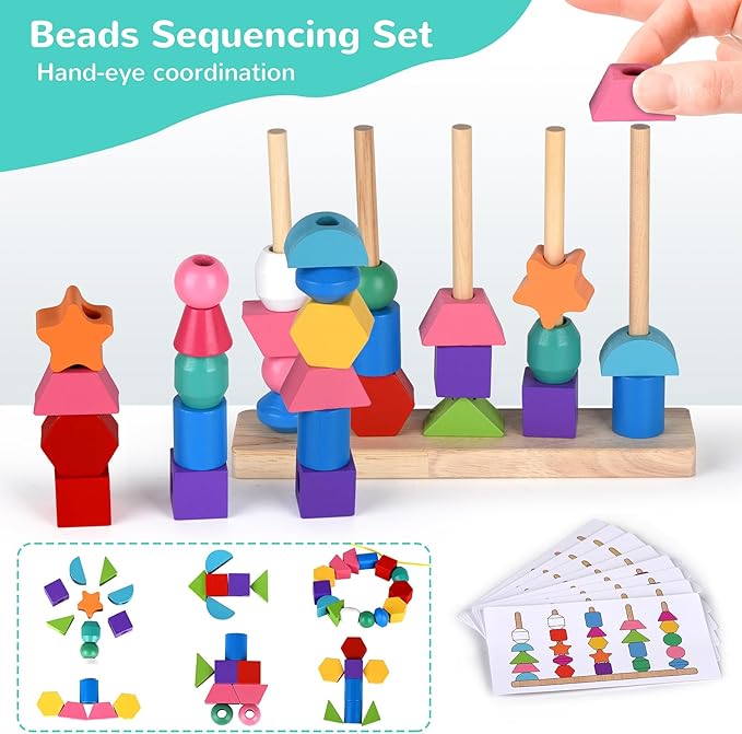Montessori Bead Sequencing Toy Set, Wooden Stacking Blocks & Lacing Beads & Matching Shape Colors Stacker, Montessori Toys for 2 3 4 5 Year Old, Toddlers Preschool Learning Fine Motor Skills Toys