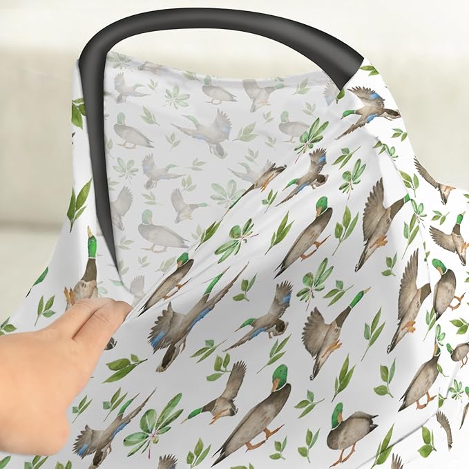 Wild Ducks Green Leaves Car Seat Cover for Babies Green Mallard Ducks Stretchy 5-in-1 Cover Adjustable Car Canopy Cover Duck Hunting Animals Breathable Nursing Cover-Up