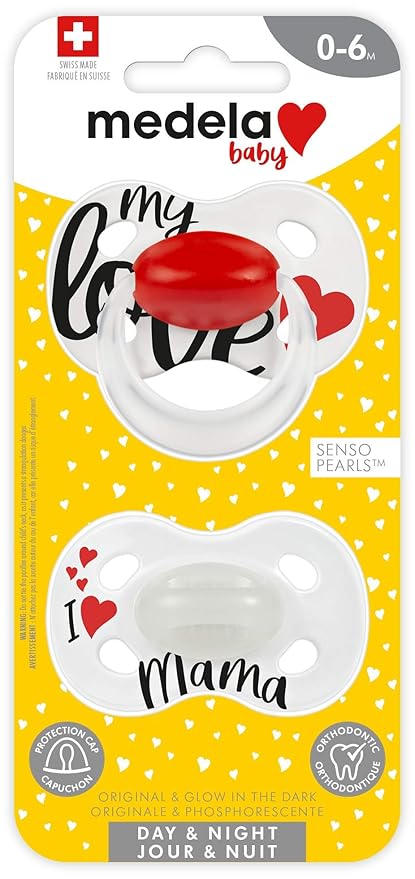 Medela Baby Pacifier | Day and Night Glow in The Dark | 0-6 Months | 2-Count, Lightweight | BPA-Free | Supports Natural Suckling | My Love and I Love Mama
